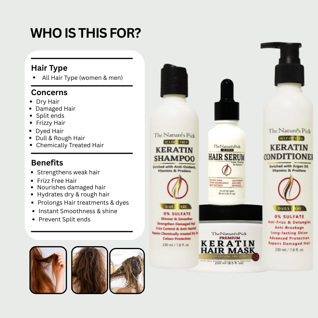 Keratin Sulfate-Free Bundle - Shampoo + Conditioner + Hair Mask + Active Hair Serum - The Nature's Pick