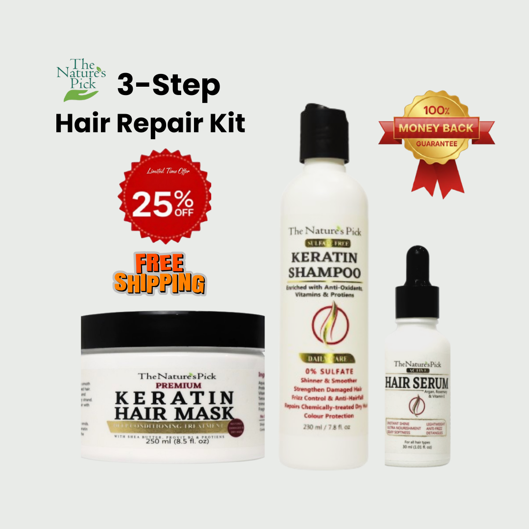 Keratin Sulfate-Free Shampoo + Keratin Hair Mask + Active Hair Serum - The Nature's Pick