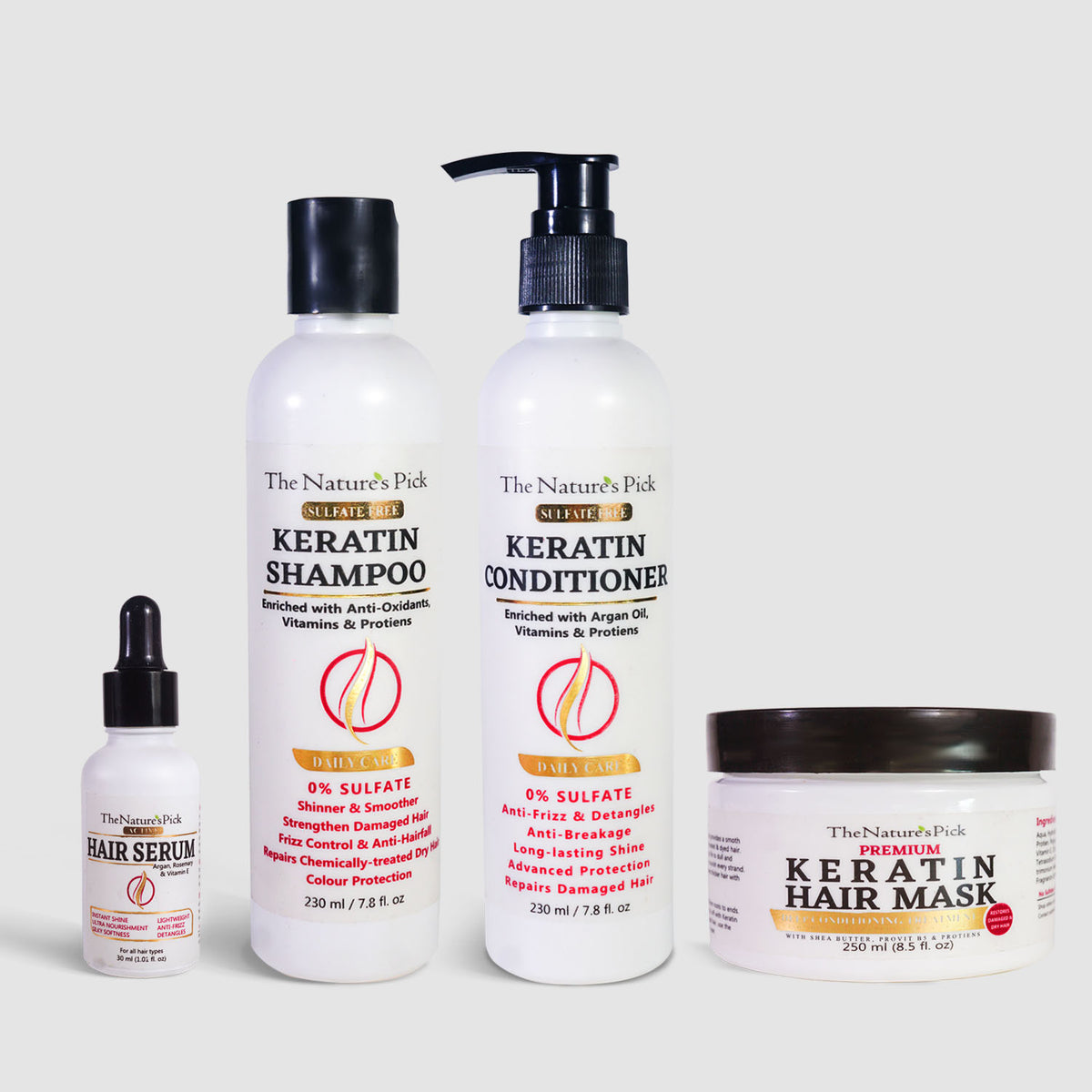 Keratin Sulfate-Free Bundle - Shampoo + Conditioner + Hair Mask + Active Hair Serum - The Nature's Pick