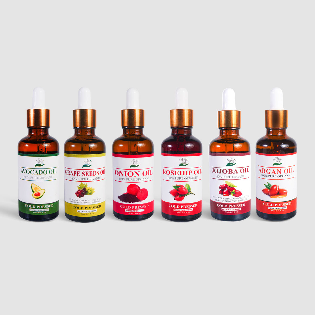 Premium Oils Bundle - Argan + Rosehip + Grape Seeds + Jojoba + Avocado + Onion Oils - The Nature's Pick